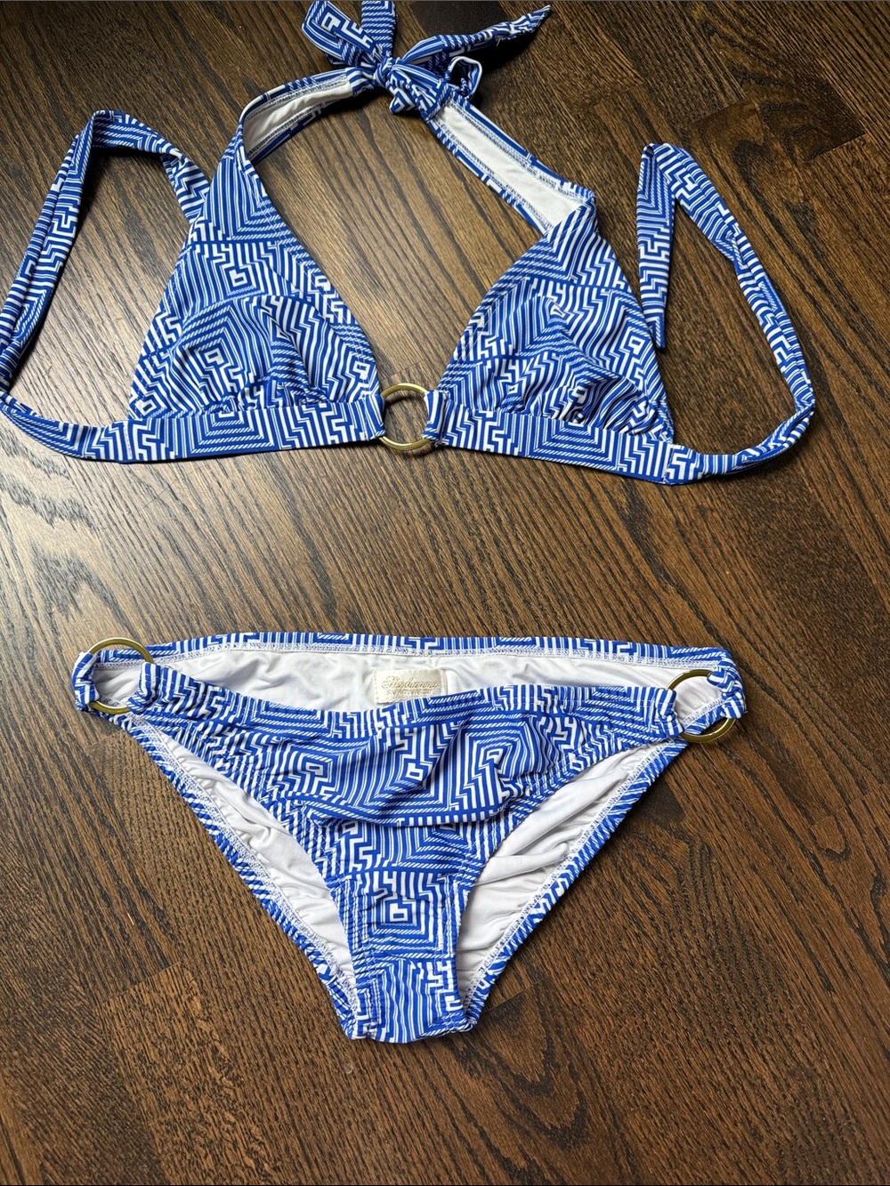 Shoshanna Blue Geo Print Halter Bikini with Ring Accents